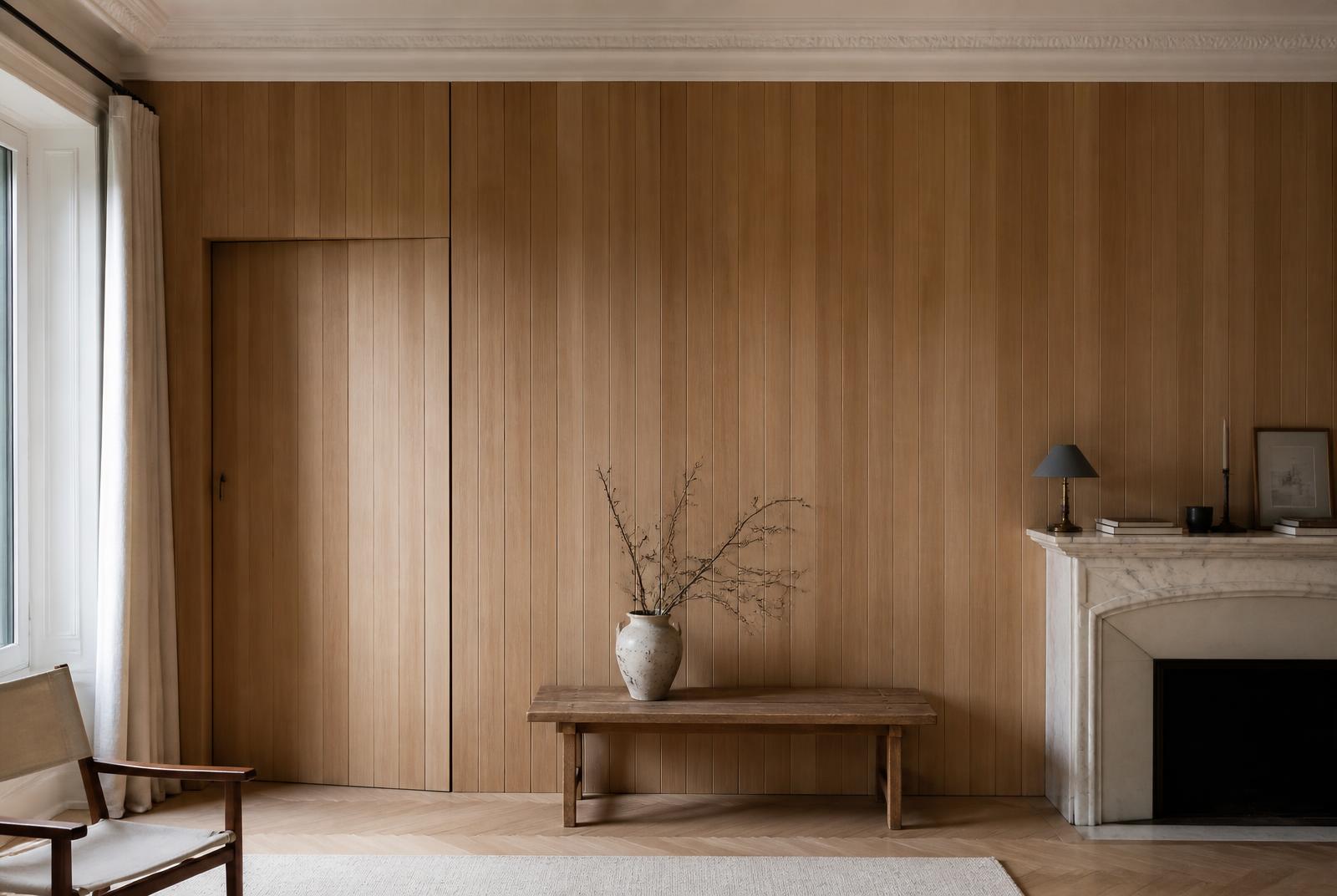 Mur de salon habillé de lambris chêne huilé posé à la verticale