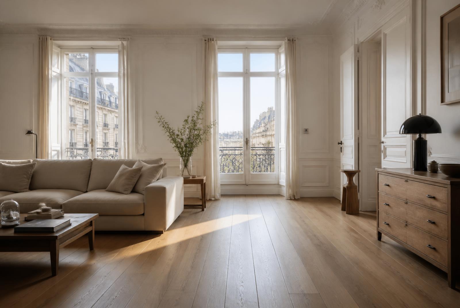 Salon d'appartement haussmannien avec parquet chêne huilé à larges lames