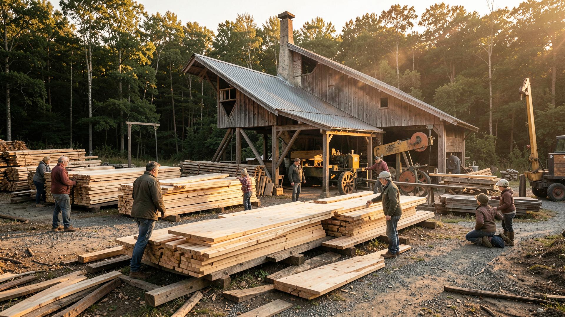 Cour de la Scierie Chassignol avec des piles de planches de chêne